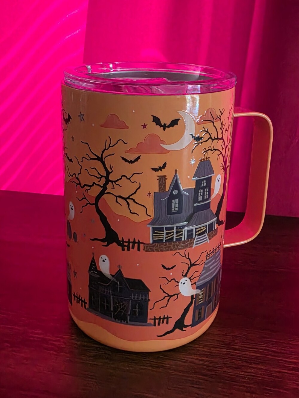 Orange Halloween Haunted House And Ghost Travel Mug